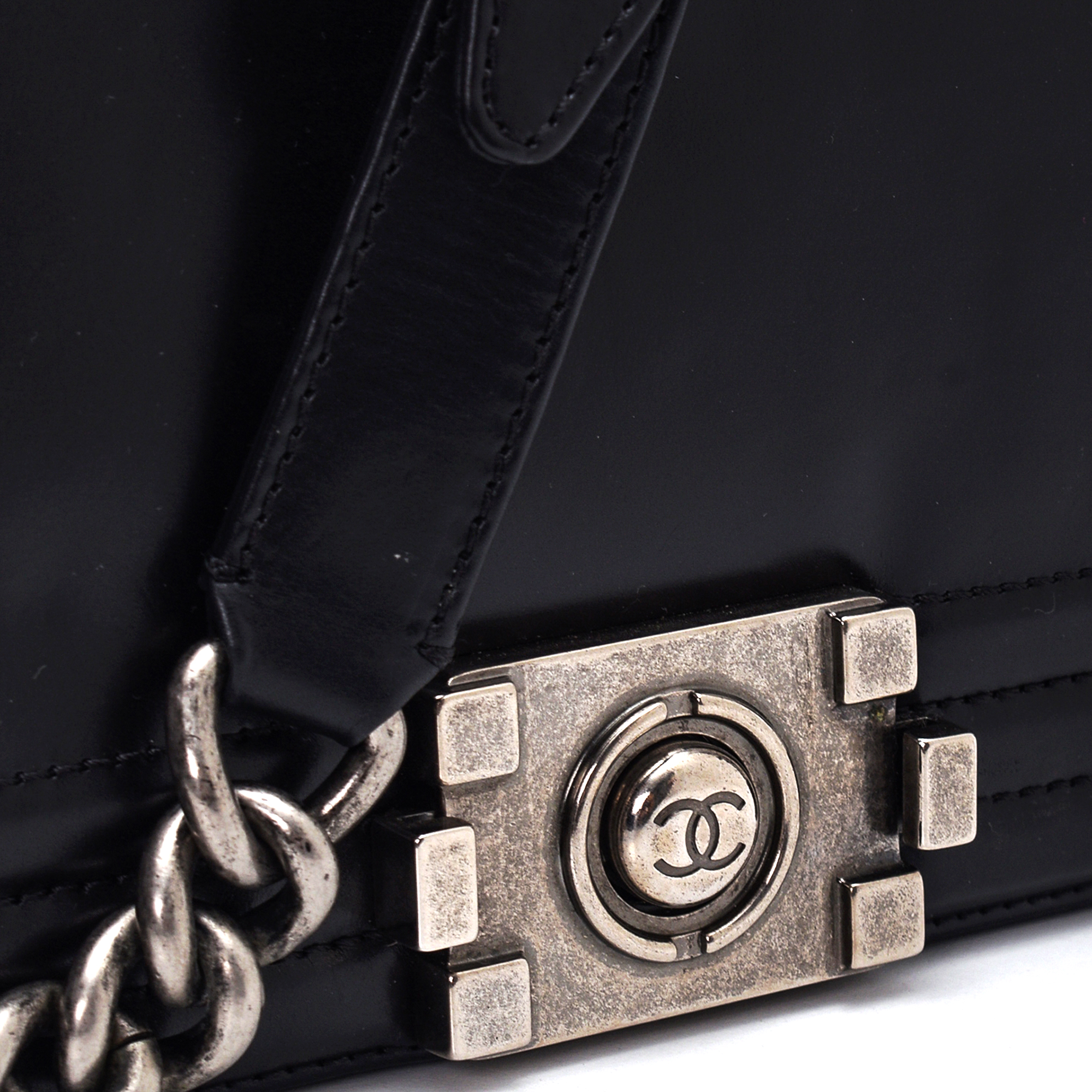 Chanel - Black Calfskin Box Leather Old Medium Boy Bag